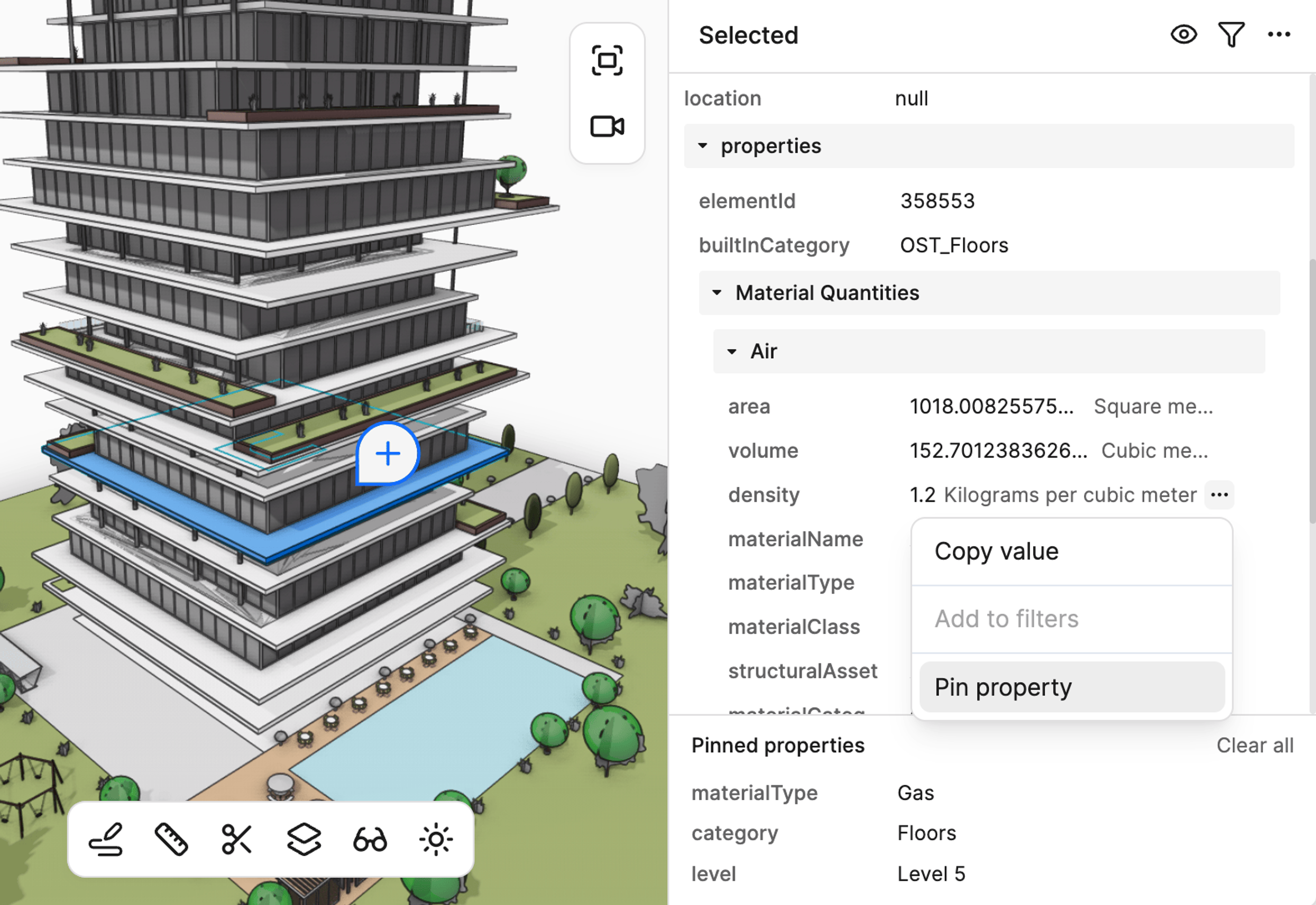 Pinned properties in the web viewer