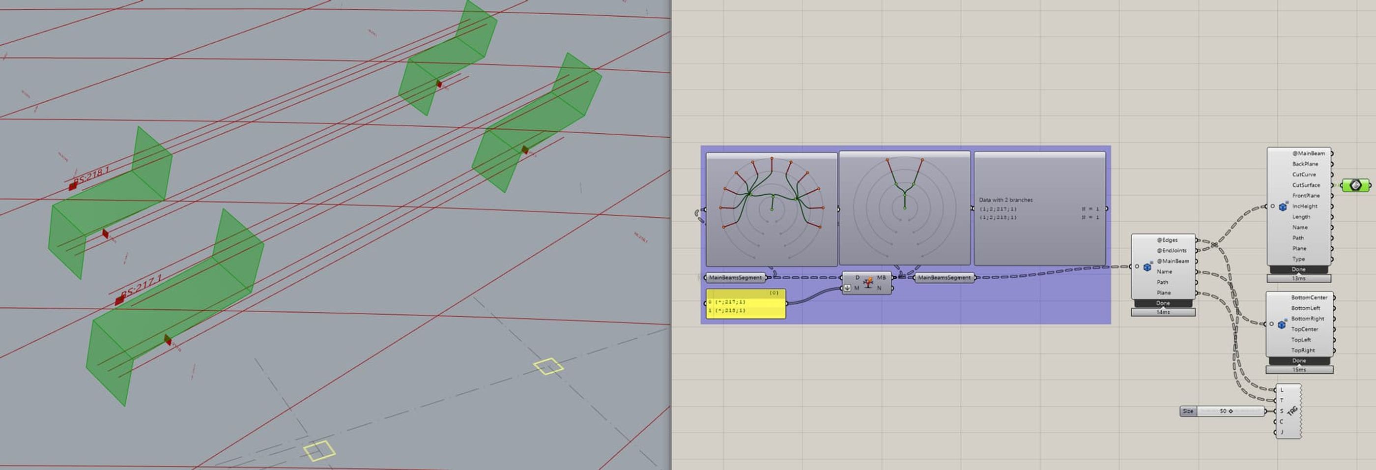 Filtering two segments of beams (as Speckle objects) and expanding some properties