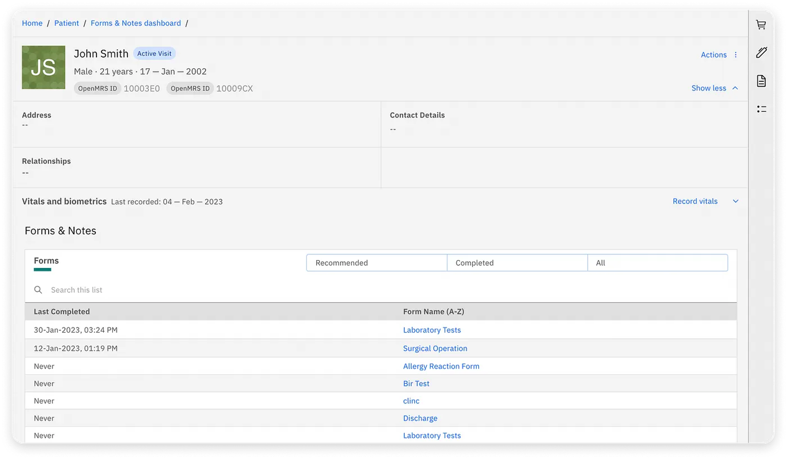 Patient profile in medical dashboard