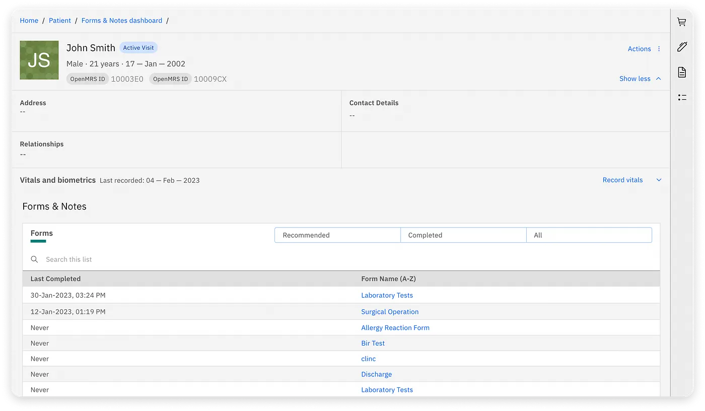 Patient profile in medical dashboard