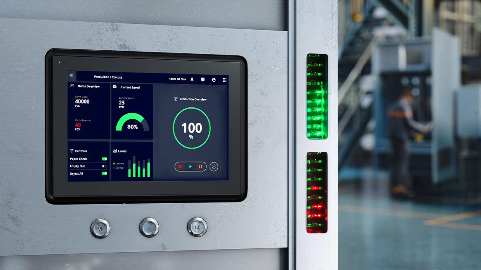 Advanced industrial HMI display with intuitive interface design showing live production performance and process control data in a smart factory environment