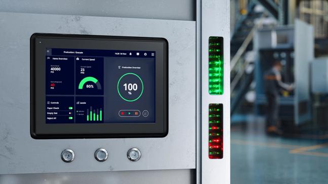 Advanced industrial HMI display with intuitive interface design showing live production performance and process control data in a smart factory environment