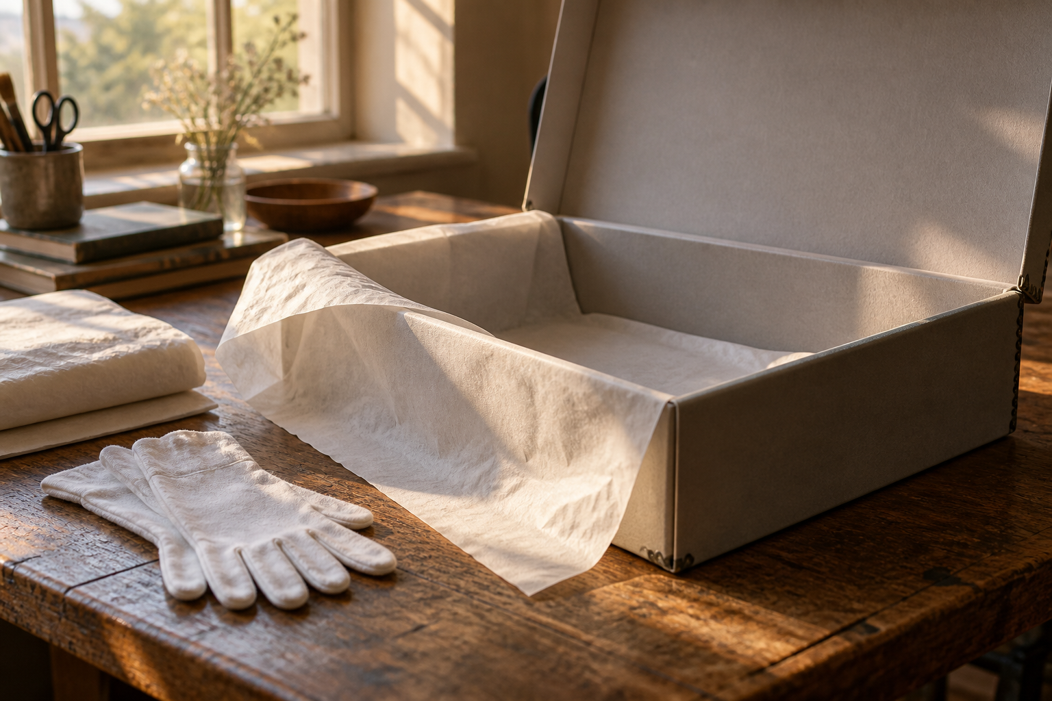 An empty archival box lined with tissue and cotton gloves on a sunlit wooden worktable.