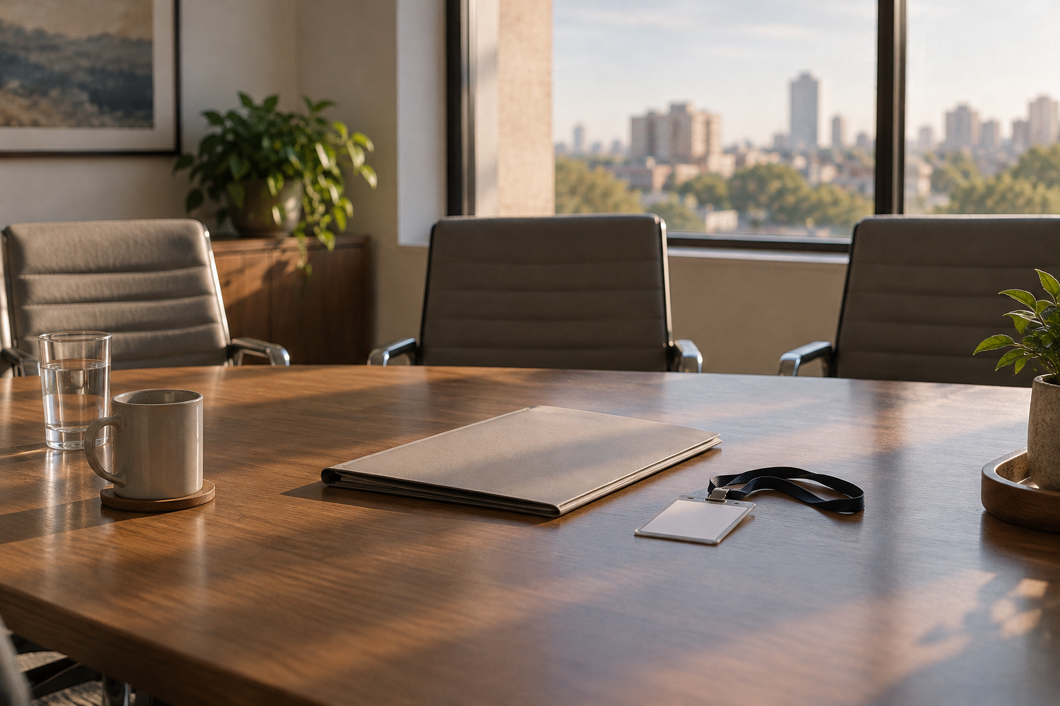 Symbolic photograph of an empty meeting table, three chairs, a closed folder and an unmarked badge; it does not depict a Microsoft or government meeting.