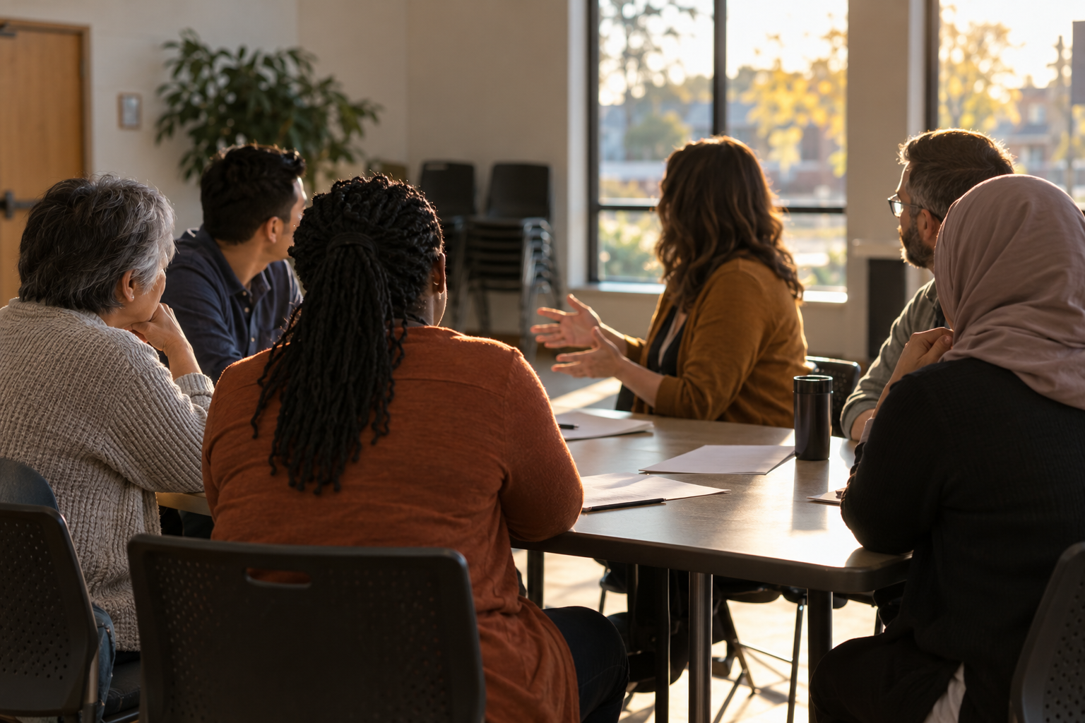Illustrative photograph of anonymous community volunteers practicing a calm conversation around a meeting table; it does not show Faiths United participants, voters or a polling place.