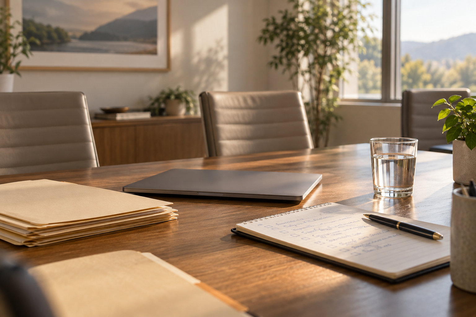 Folders, a closed laptop, notebook and water glass on an unoccupied sunlit meeting table.