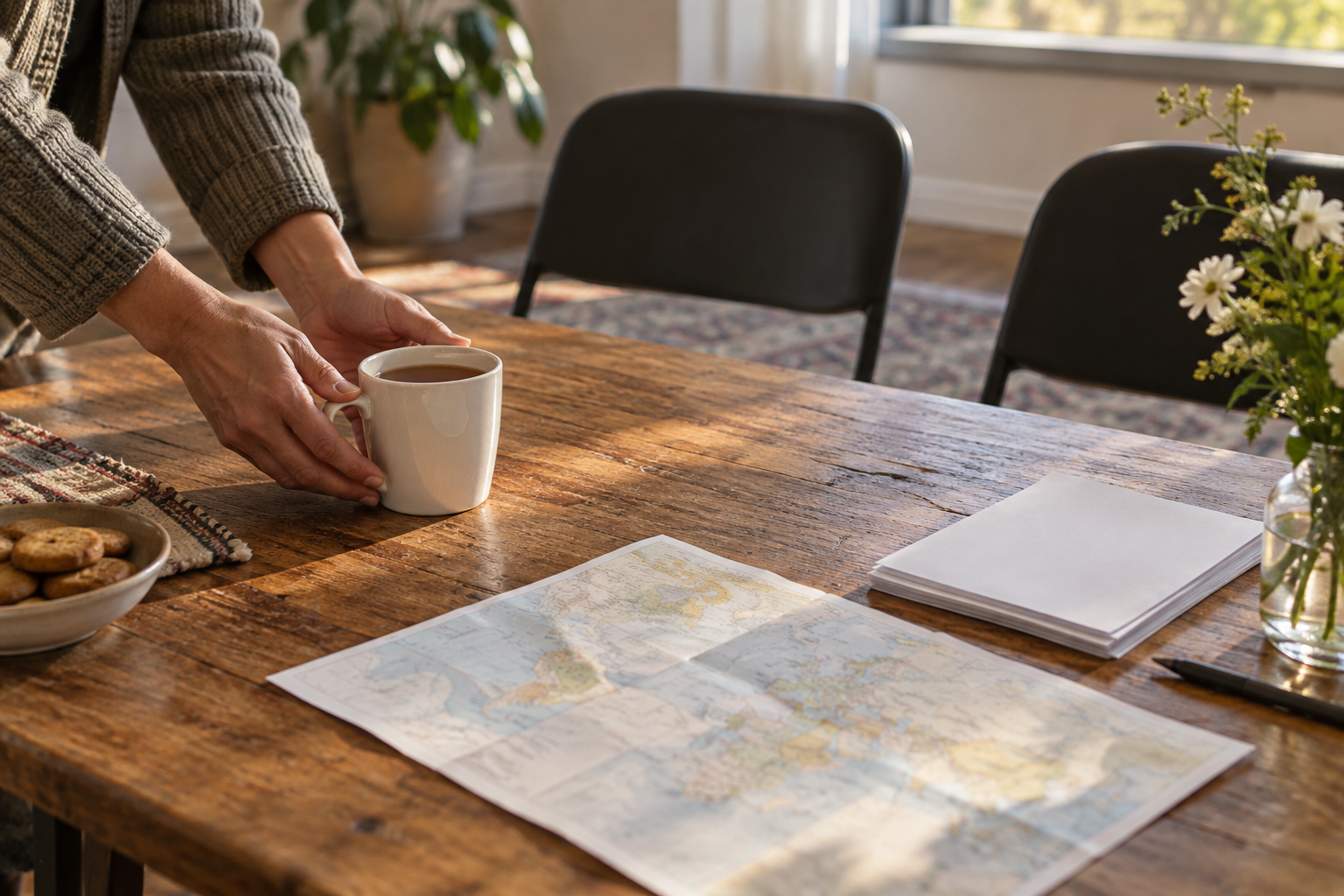 Illustrative photograph of a hand setting a cup of tea beside an unmarked paper map and blank sheets at a community table; no actual refugee or resettlement meeting is depicted.