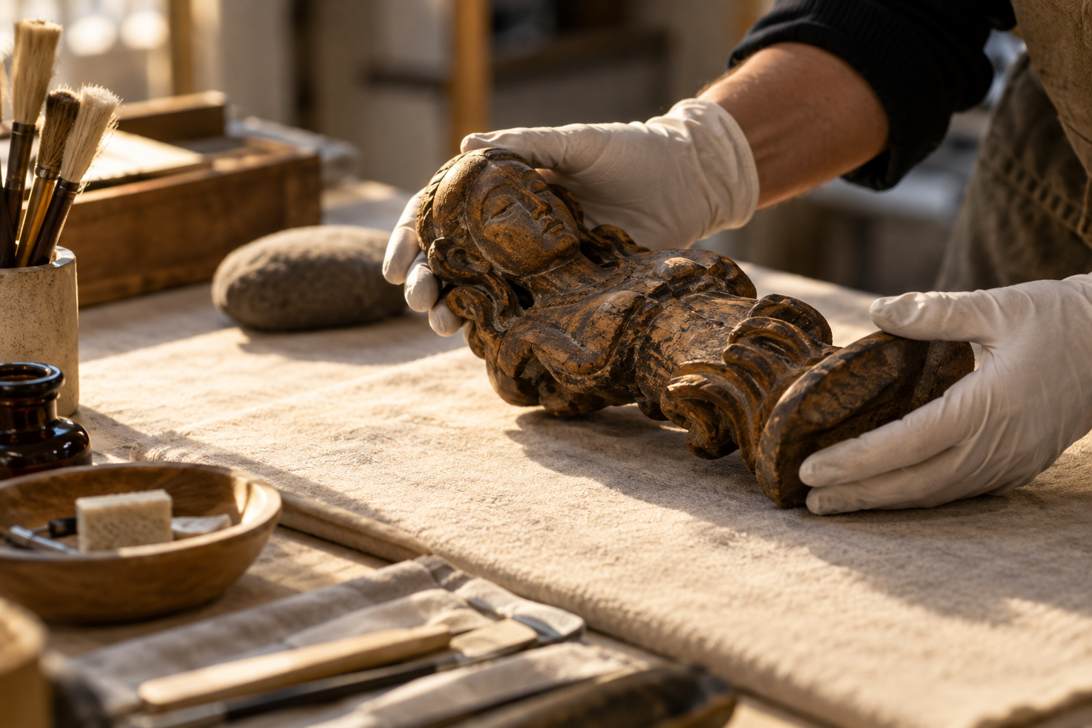 Illustrative photograph of gloved hands examining a generic carved wooden artwork at a conservation table; it does not show the Faxon collection.