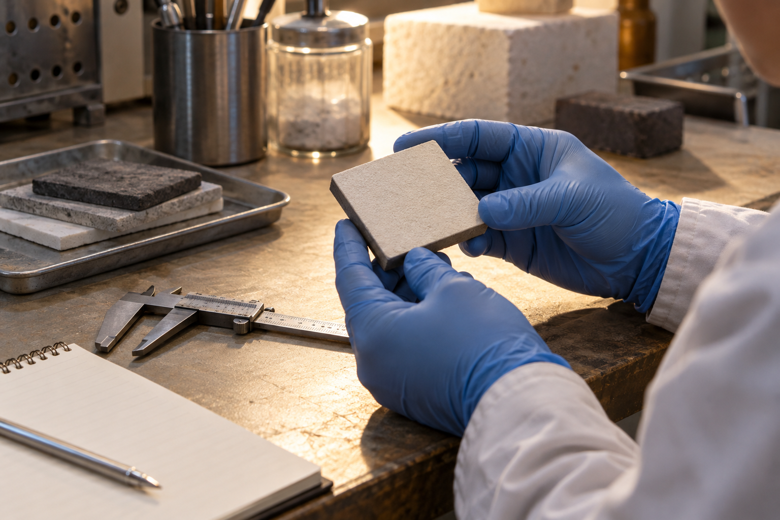 Illustrative photograph of gloved hands examining an unmarked ceramic tile on a workbench; it does not depict NASA equipment or an actual flight test.