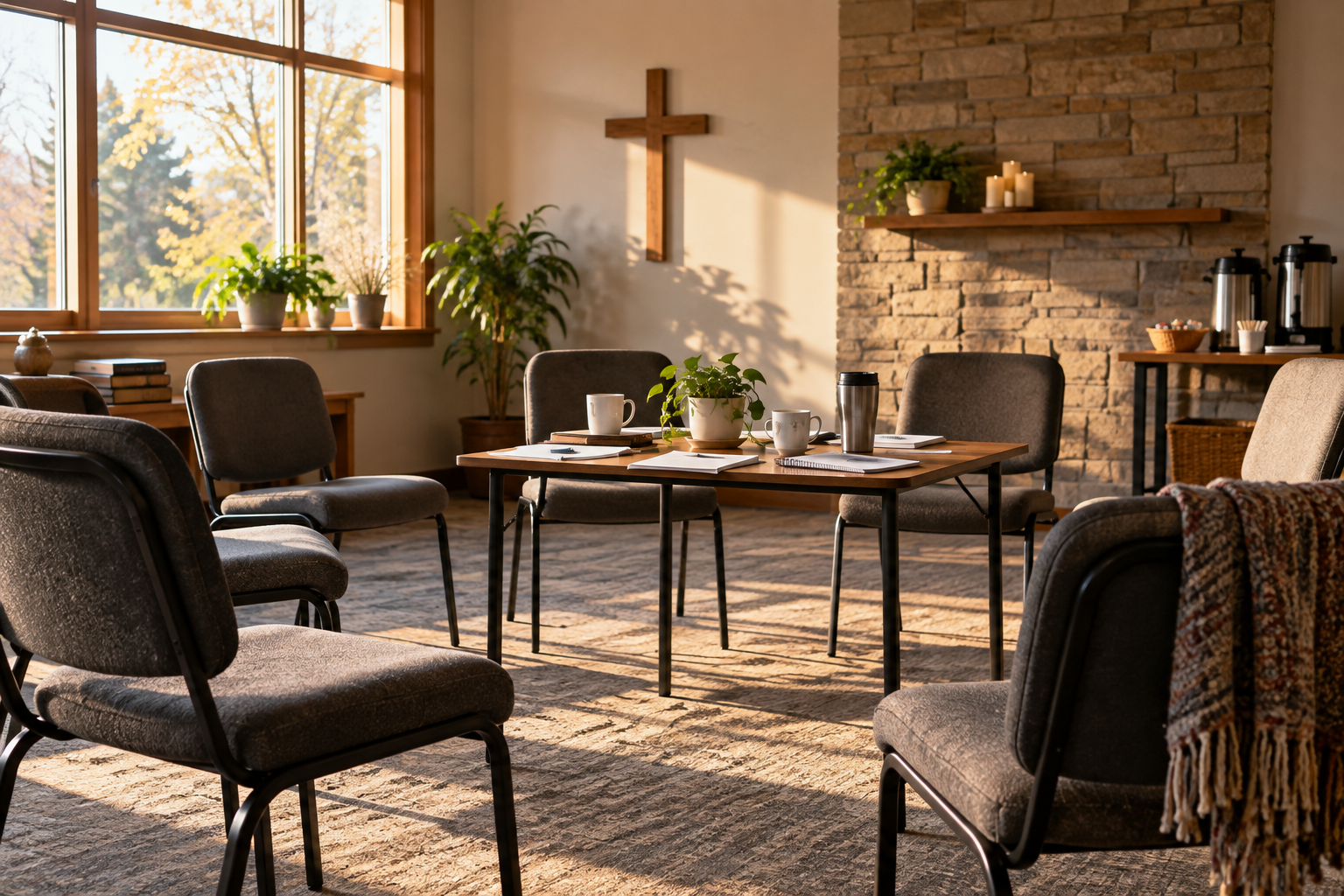 Illustrative photograph of empty chairs and a table after a modest church meeting; it does not depict the United Methodist gathering in Calgary.