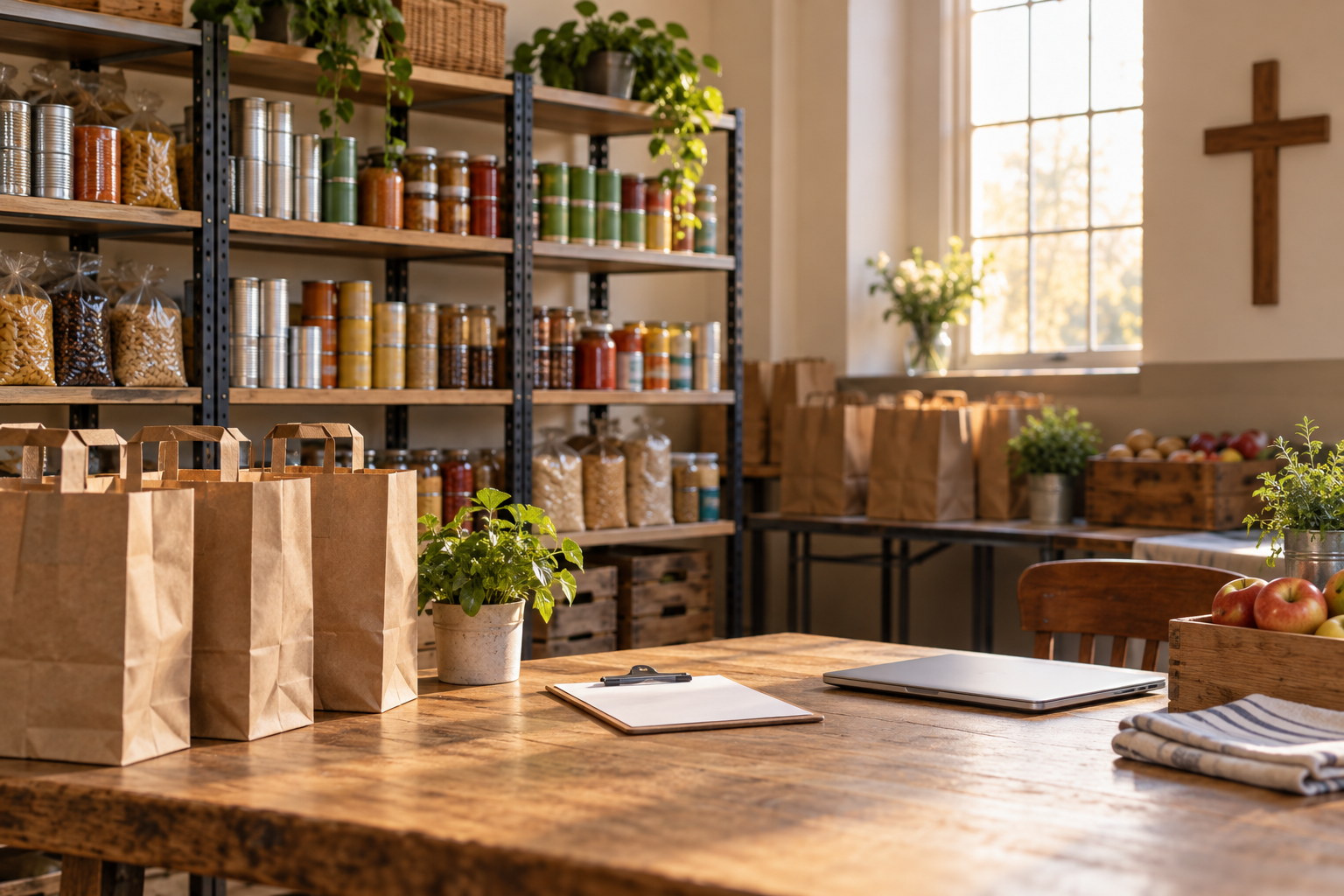 Paper grocery bags and stocked pantry shelves beside a blank clipboard and closed laptop in a sunlit church space.