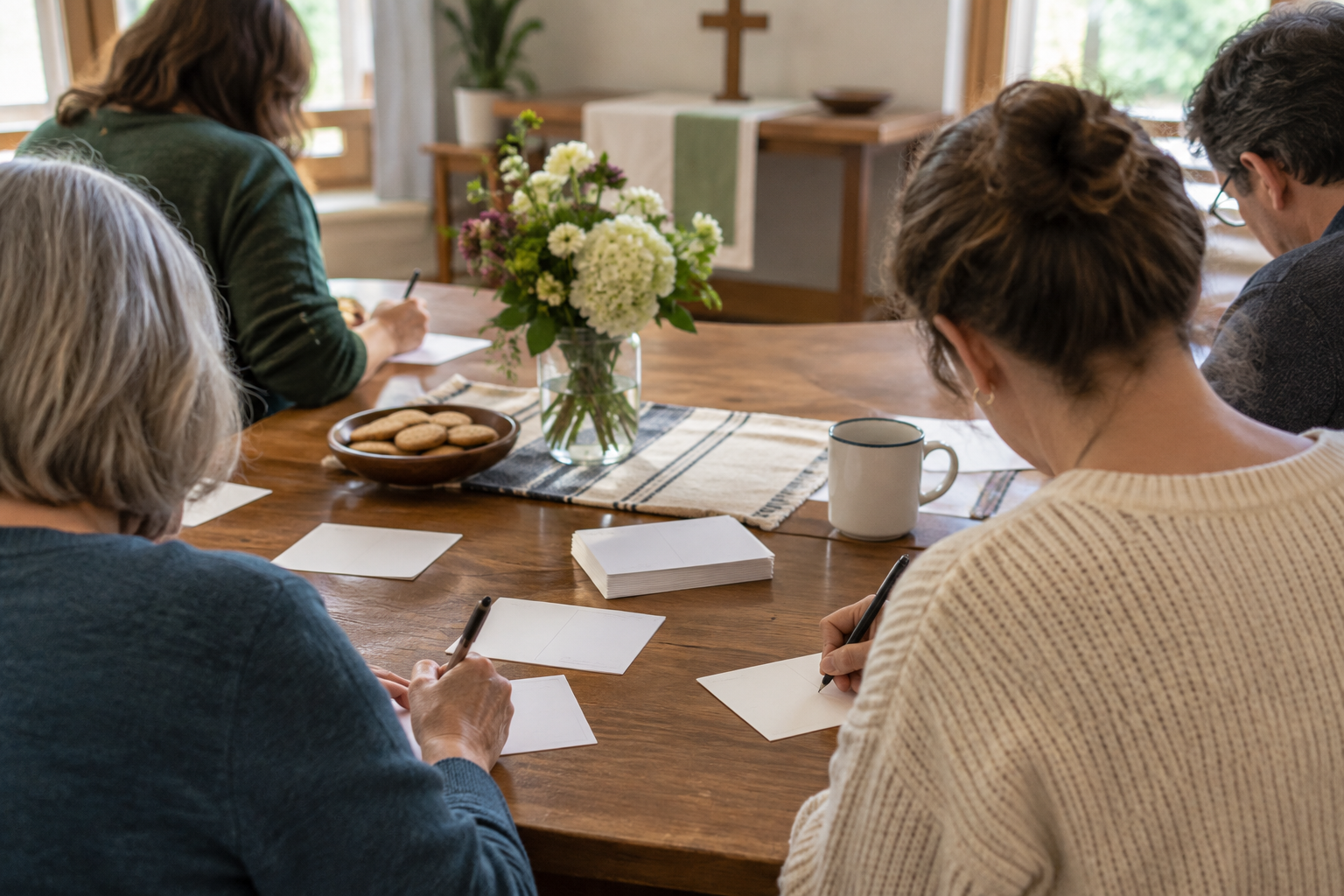 Adults writing blank postcards at a church table; an illustrative photograph, not Providence Presbyterian Church or its participants.