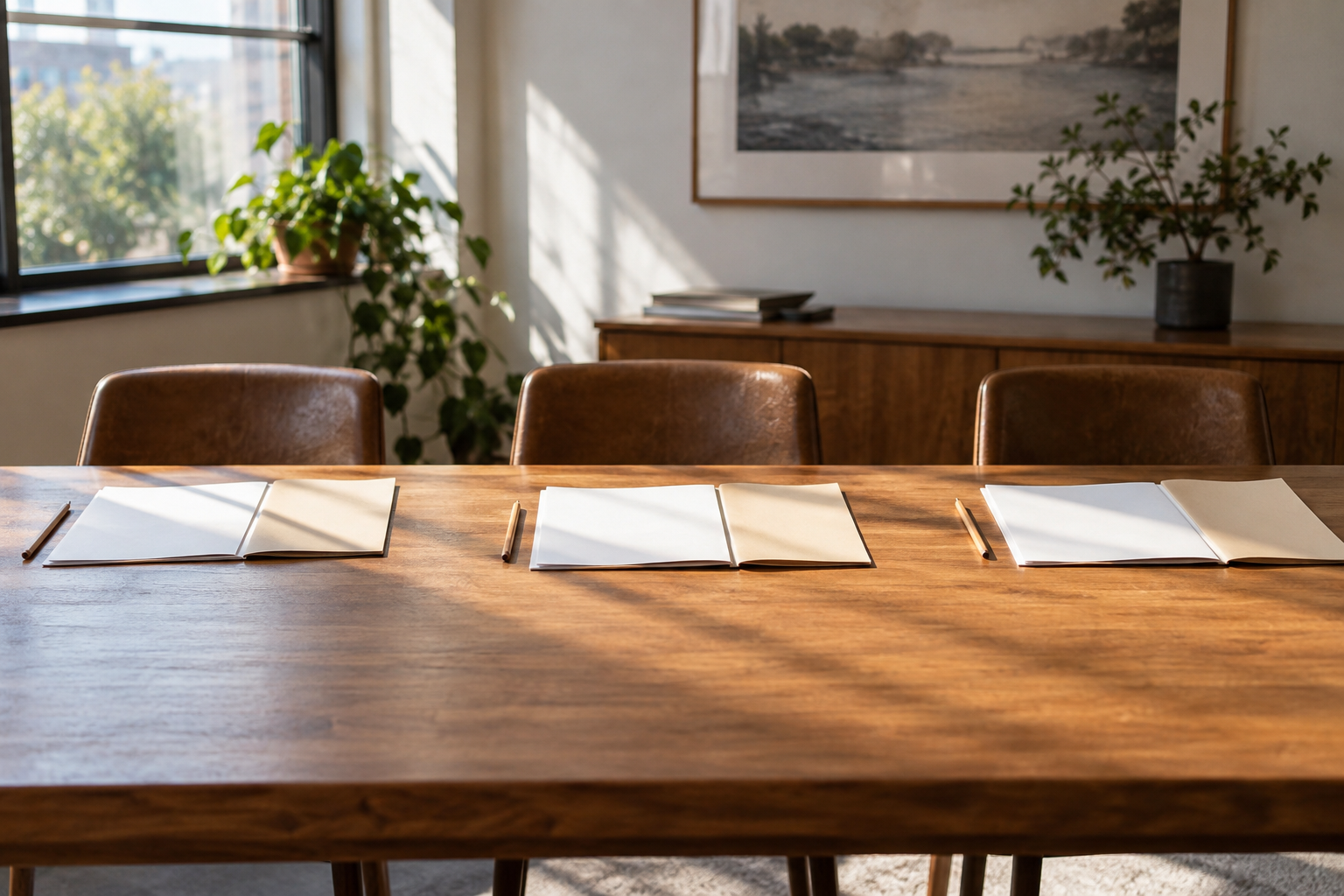 Three chairs face open paper folders and pencils on a wooden meeting table in morning light.