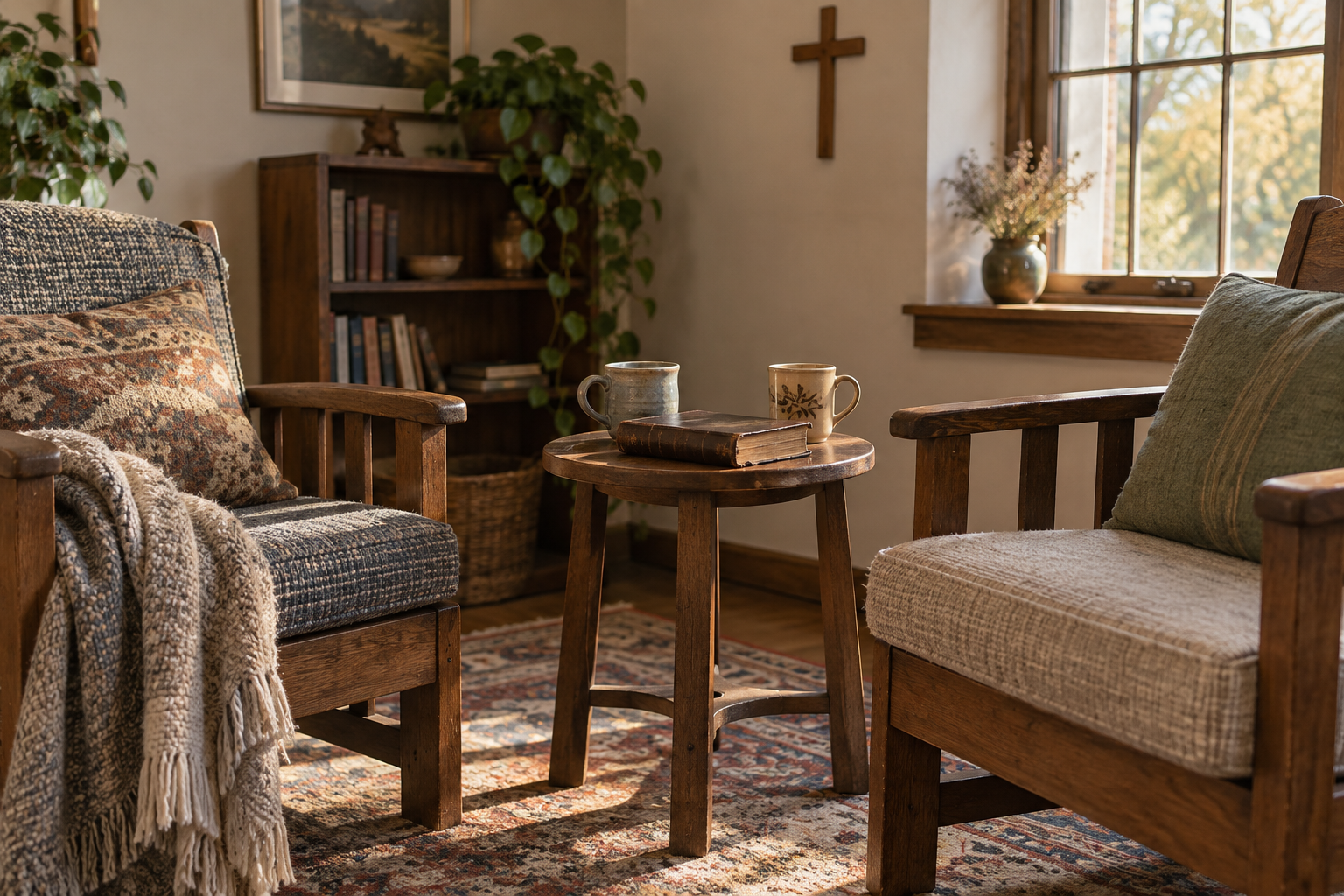 Two wooden chairs with woven cushions face a small table with two mugs and a closed Bible in warm window light.