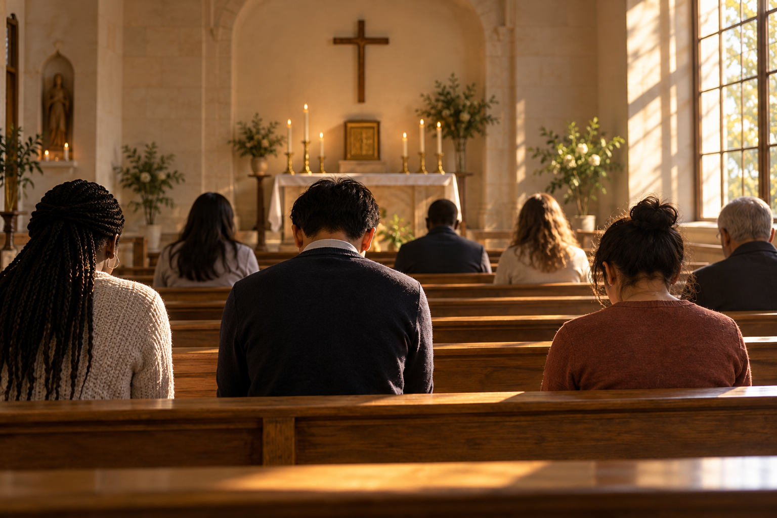 Illustrative photograph of anonymous worshippers seated in a generic chapel; it does not show the Vatican prayer gathering or its participants.