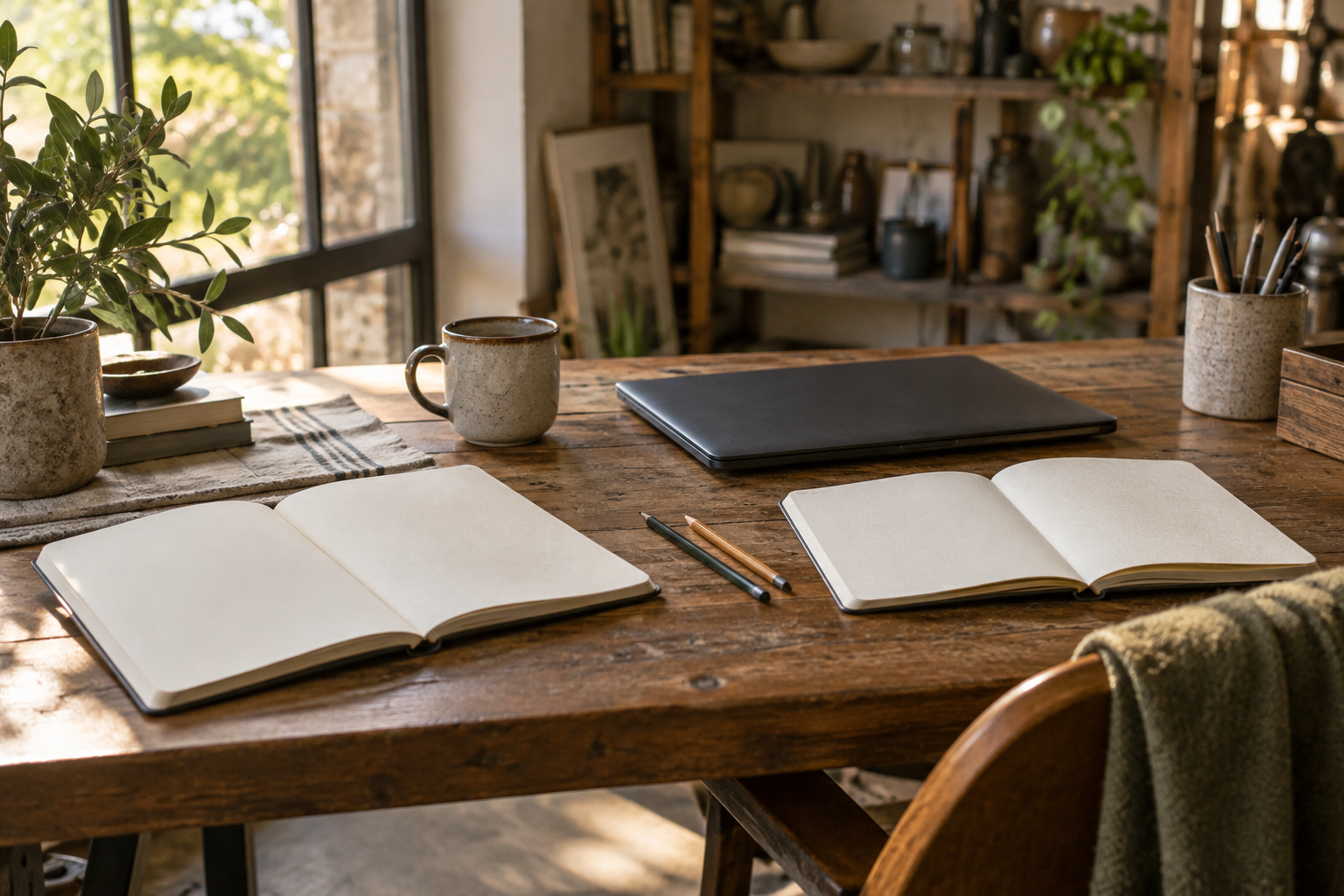 Two open blank notebooks, pencils and a closed laptop sit on a wooden desk in warm window light.
