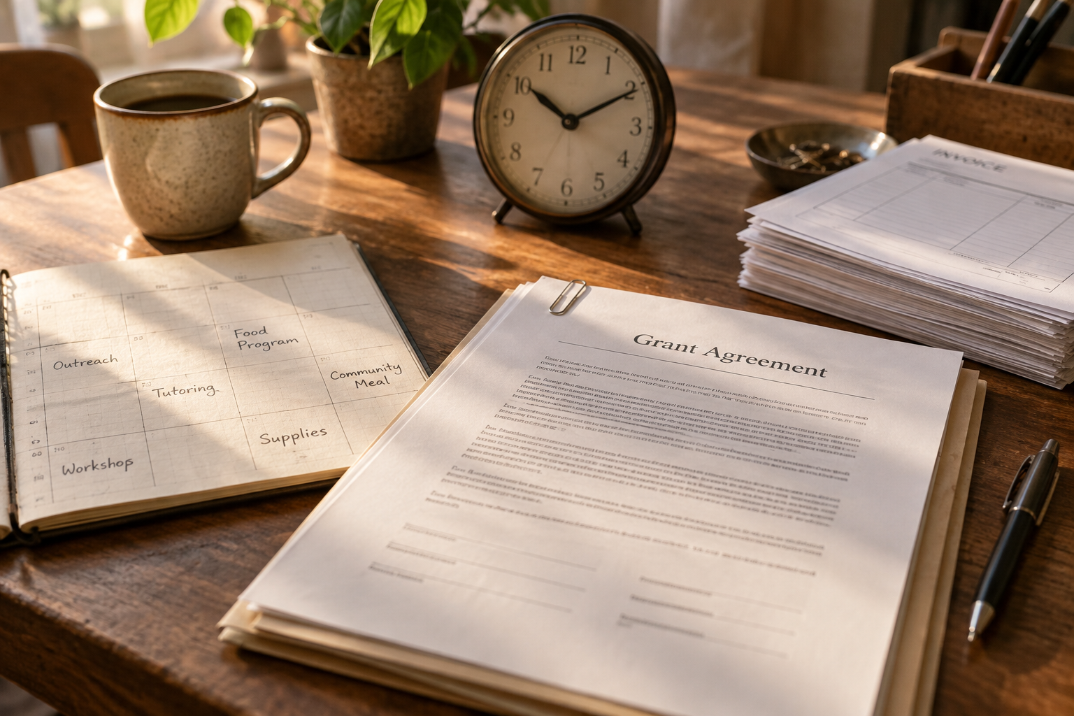 Illustrative tabletop photograph of a grant agreement, program calendar and clock; no actual New York nonprofit or city document is shown.