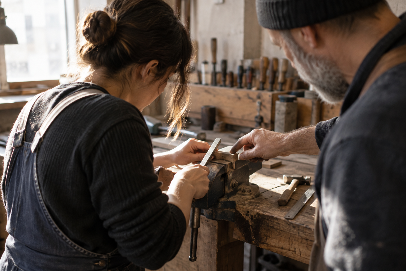 Illustrative photograph of an anonymous apprentice and mentor practicing at a workbench; it does not show Massachusetts grant recipients or named employers.