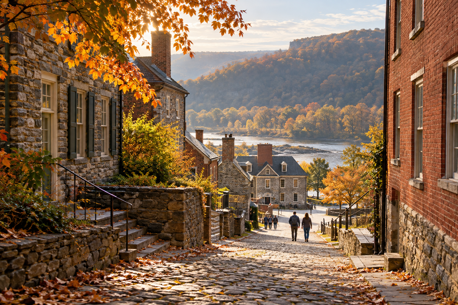 Illustrative photograph of an autumn riverside town street with distant visitors; it does not document the Harpers Ferry program or the 1859 raid.