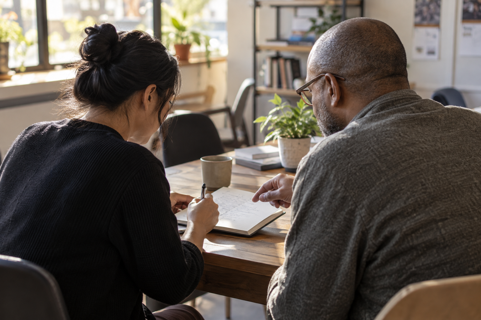 Two adults reviewing a notebook at a community business table; an illustrative photograph, not TEDCO or its selected mentors.