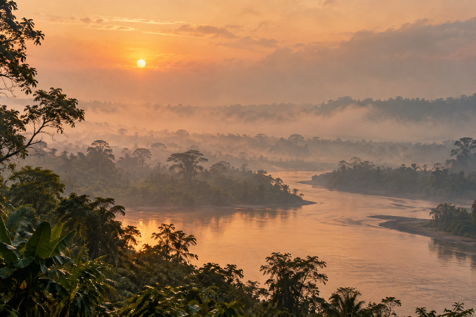 Illustrative photograph of a generic tropical river landscape under a hazy sunrise; it is not a photograph of the New Guinea fires.