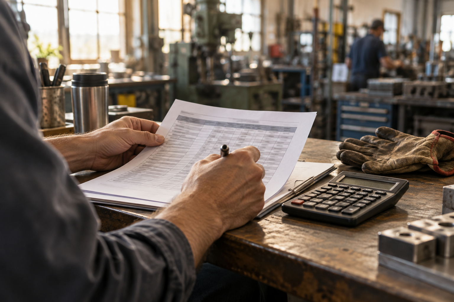 Illustrative photograph of anonymous hands reviewing an illegible payroll sheet and calculator beside work gloves in a workshop; it does not depict Toa or the federal investigation.