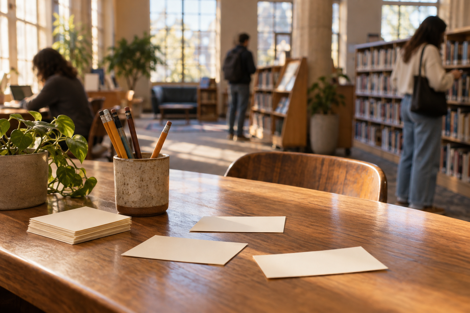 Illustrative photograph of blank cards and pencils on a public library table; it does not show the Los Angeles County Library exhibit or its visitors.