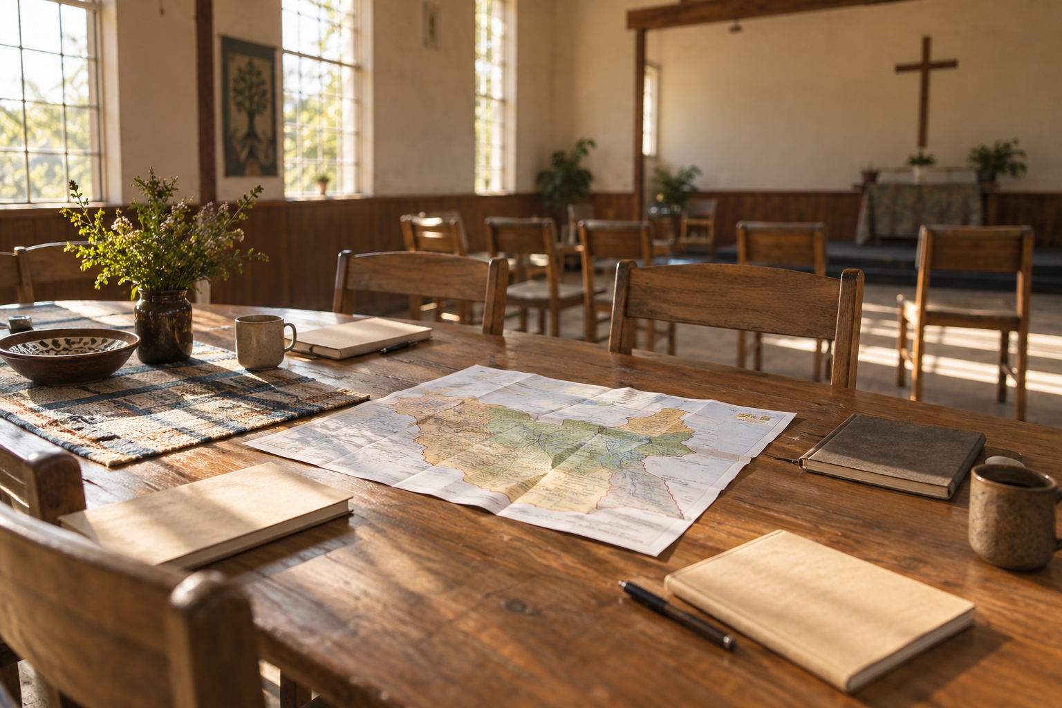 A map and notebooks on a church table; an illustrative photograph, not a South Sudan roadshow venue.