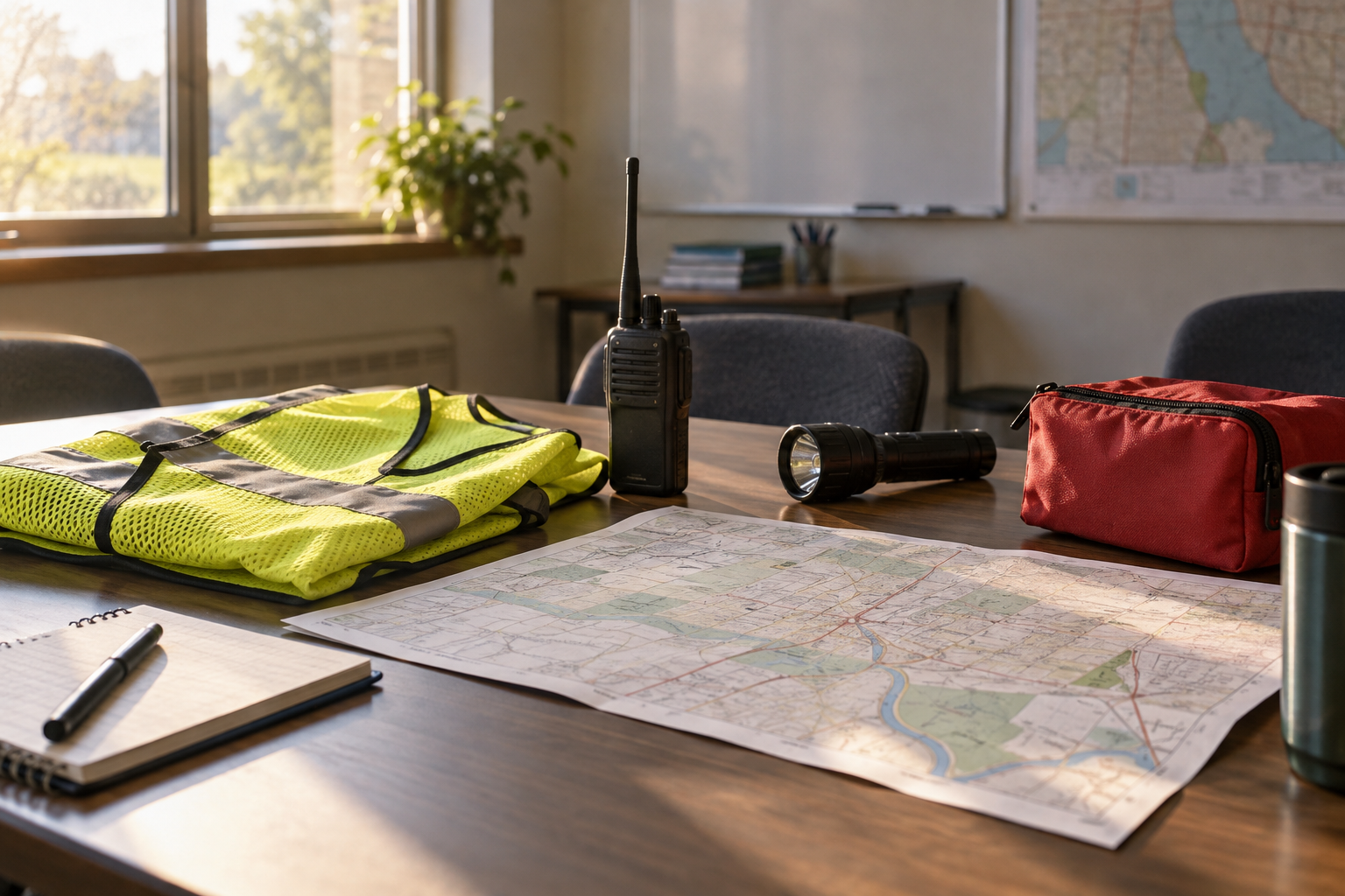 Radio, safety vest, map and red equipment pouch on a training table; an illustrative photograph, not a Westmont emergency or volunteer.