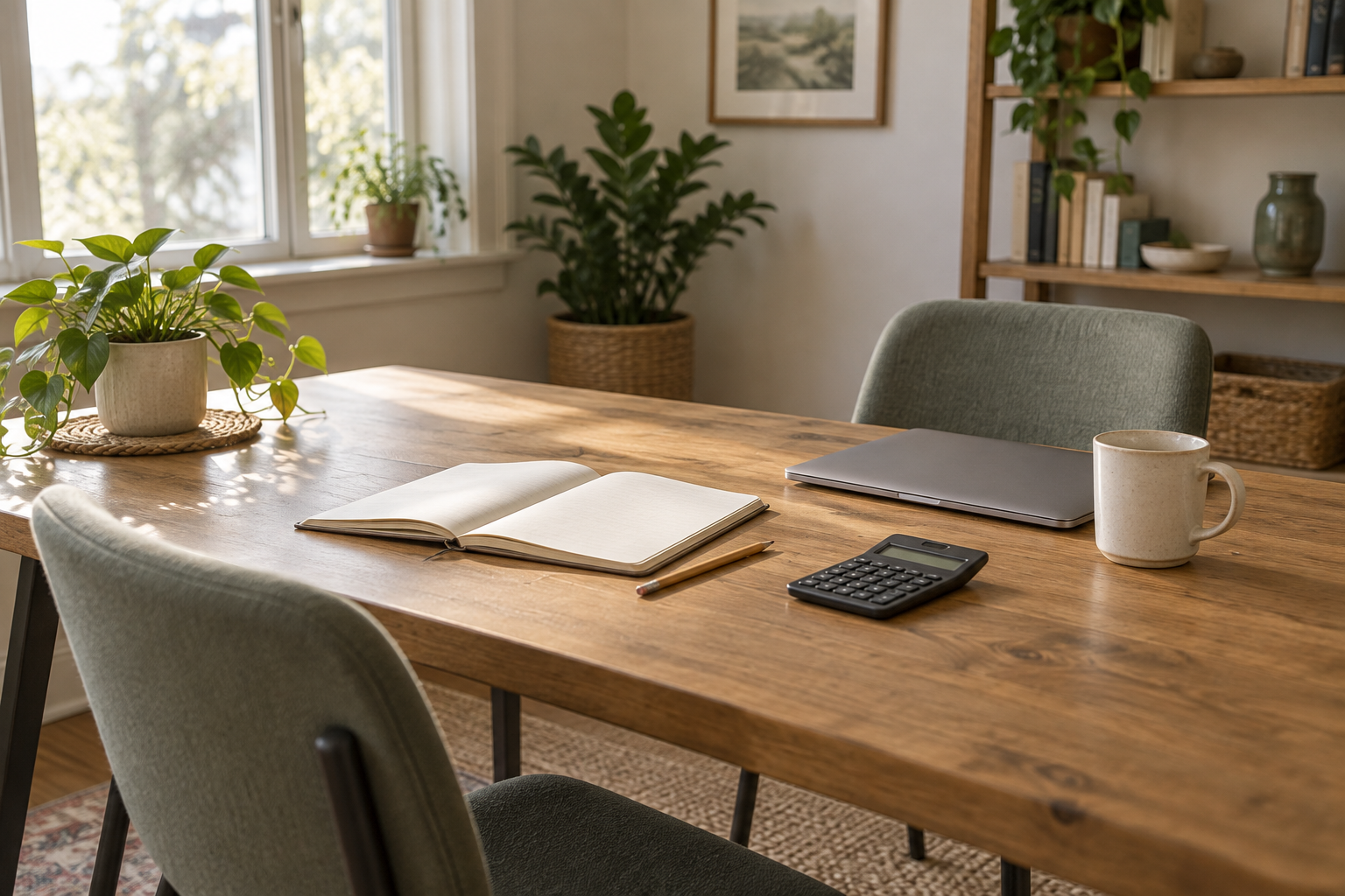 An open notebook, pencil, calculator, closed laptop and mug sit between two chairs at a sunlit desk.