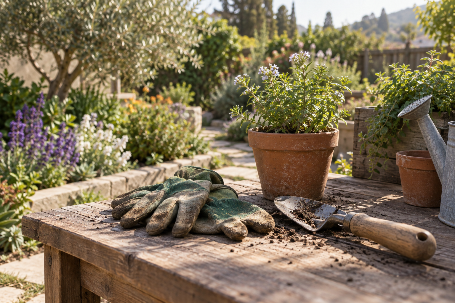 Gardening gloves, a hand trowel and a flowering terracotta pot rest on a wooden garden workbench.