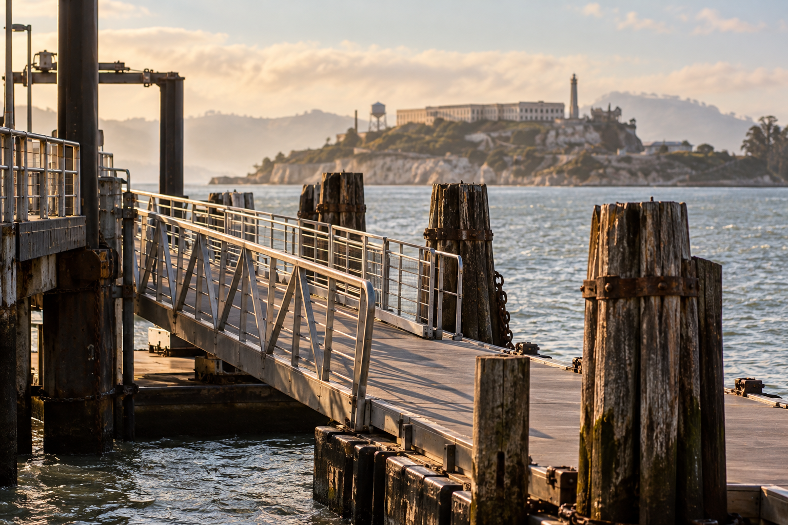 Illustrative photograph of an empty ferry gangway and weathered dock pilings across the bay from Alcatraz; it is not a photograph of the repair work.