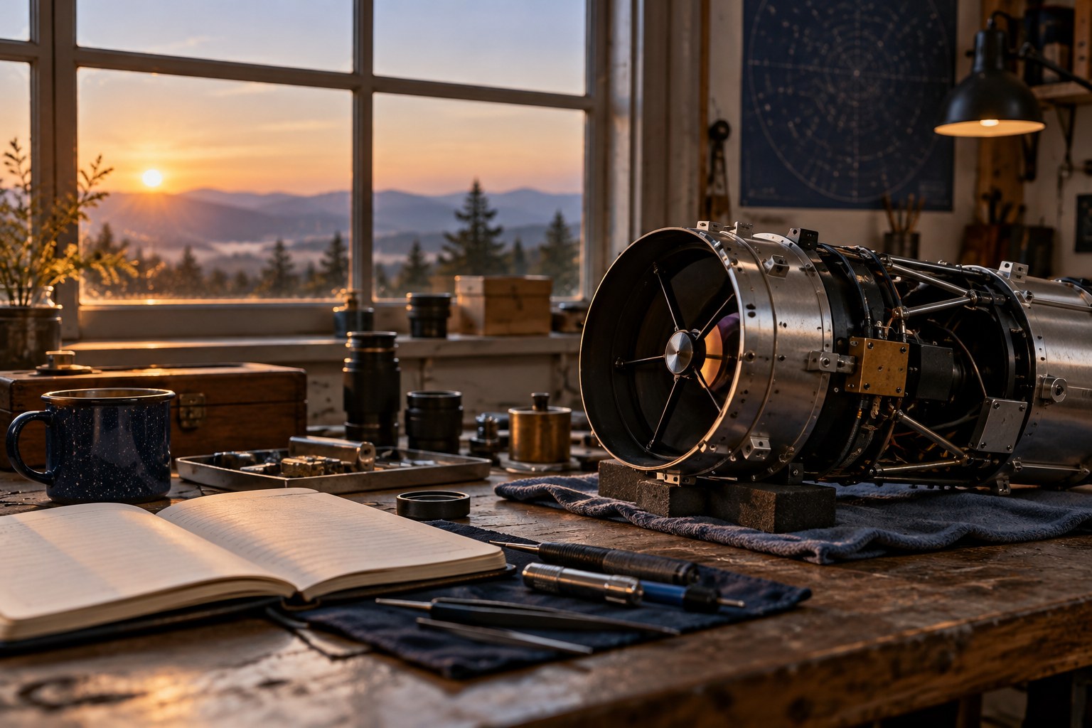 Illustrative photograph of an unmarked telescope component and notebook on a workbench at dawn; it does not depict Hubble or a NASA mission.