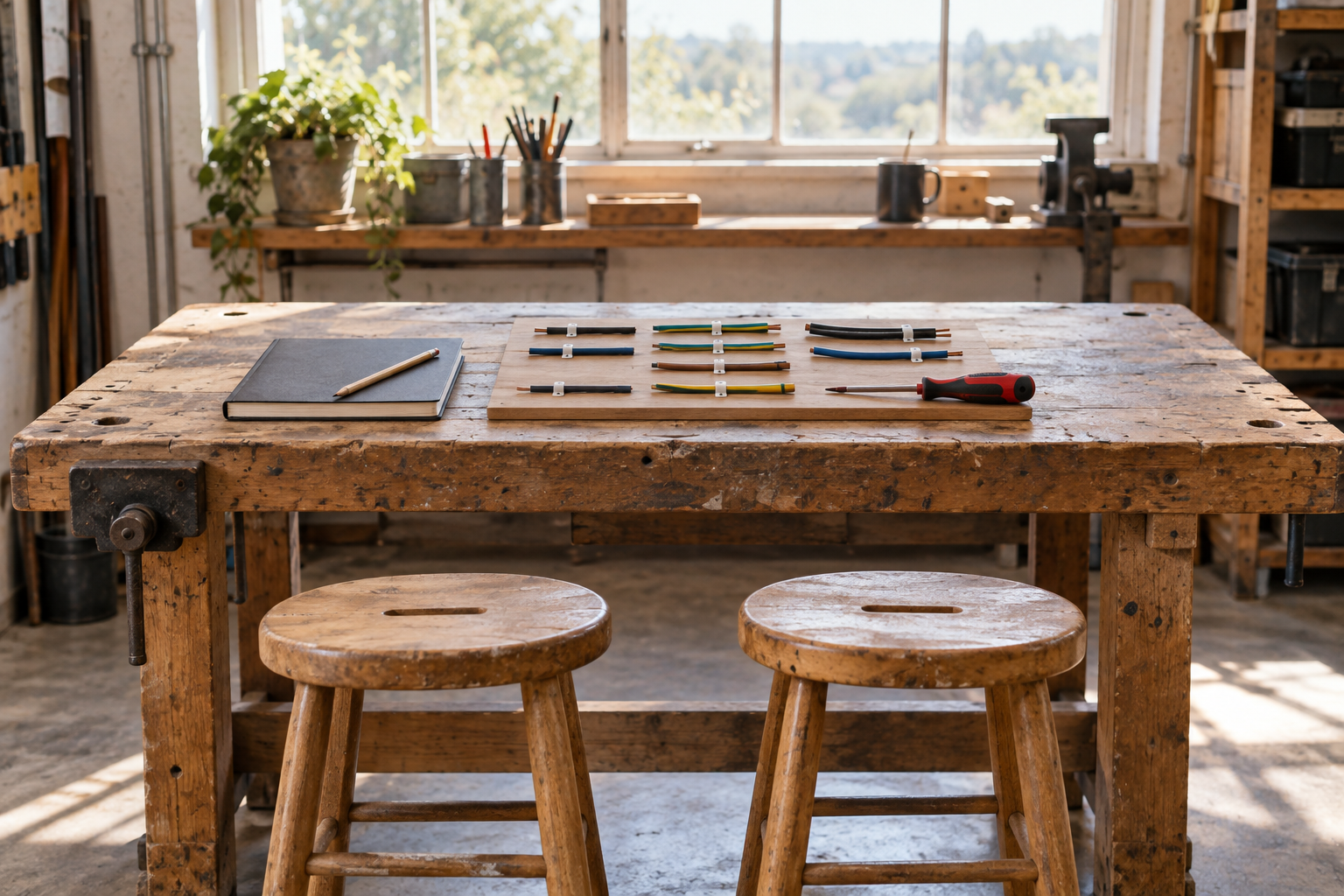 Cable samples, a screwdriver and a notebook rest on a workshop training bench with two wooden stools.