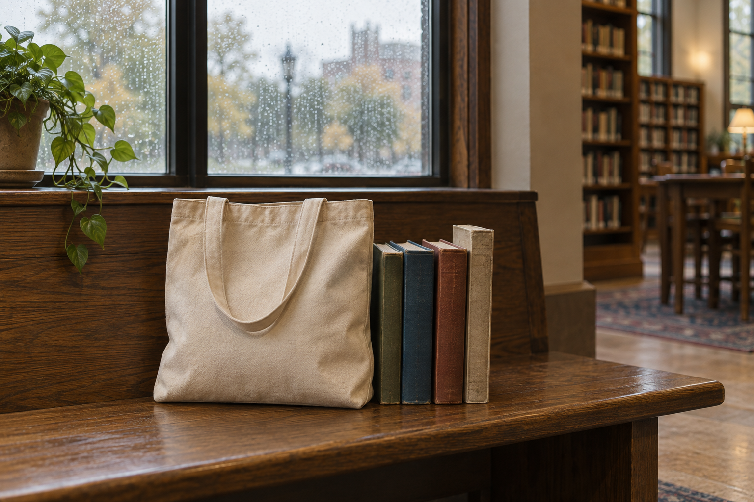 A plain canvas tote and four books rest on a dry wooden bench beside a rain-speckled library window.