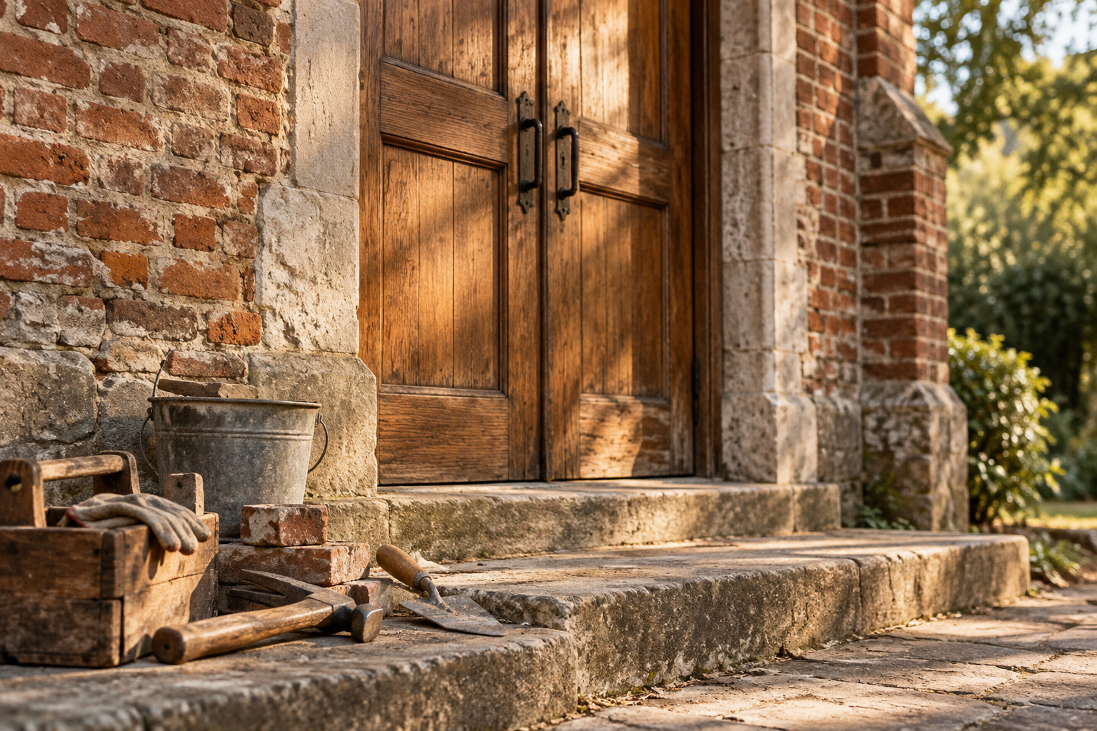 Illustrative photograph of a weathered church doorway, brick and repair tools; this does not show the Wewahitchka church.