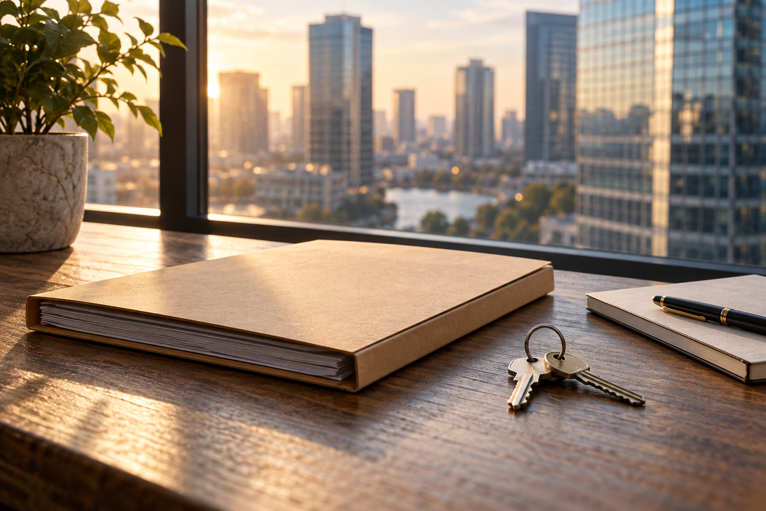 Illustrative photograph of an unmarked contract folder, building keys and notebook on an office desk; it is not an Amazon document or a scene from the case.