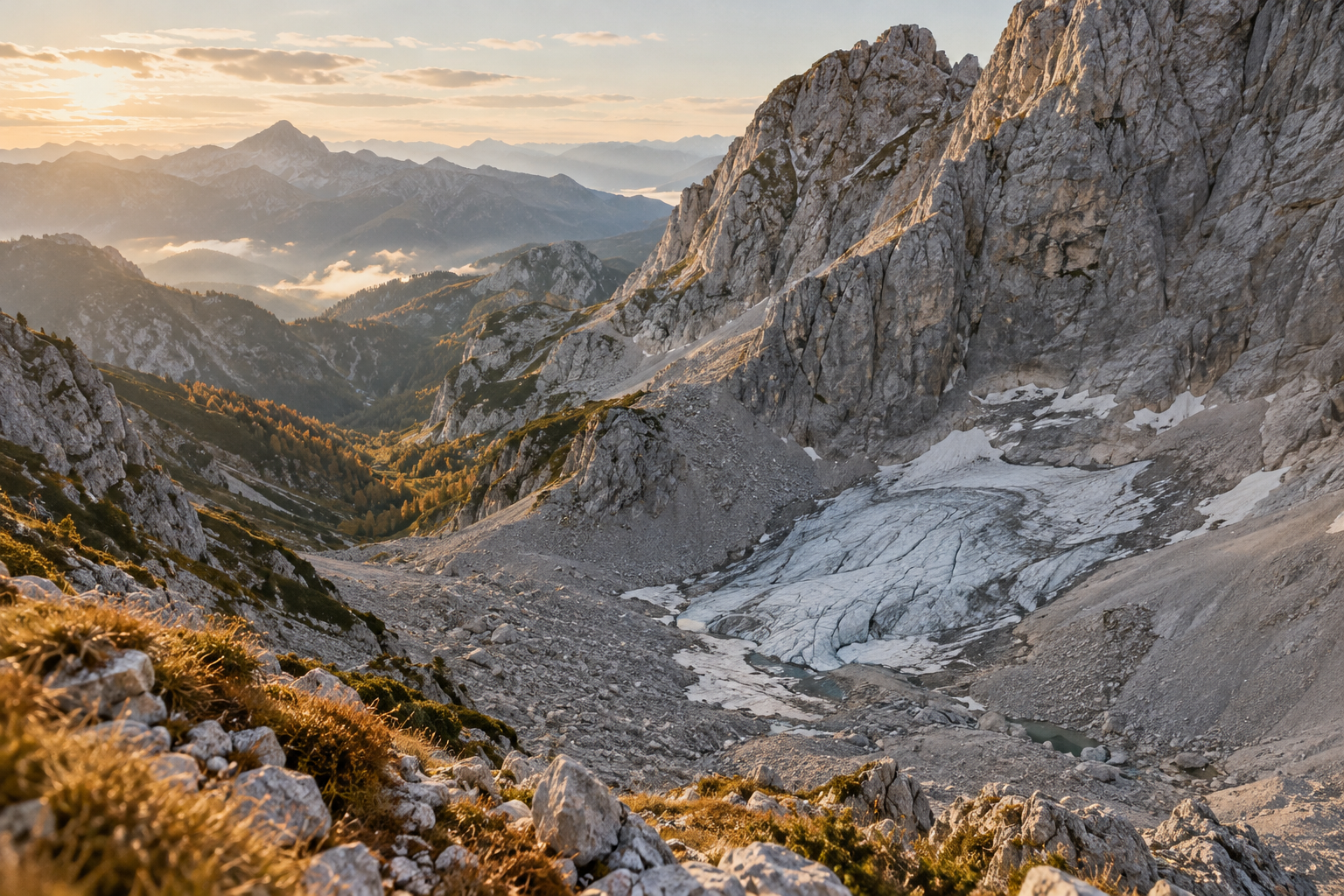 Illustrative photograph of a small glacier beneath an Alpine rock face at sunrise; it does not depict Slovenia's Skuta Glacier.