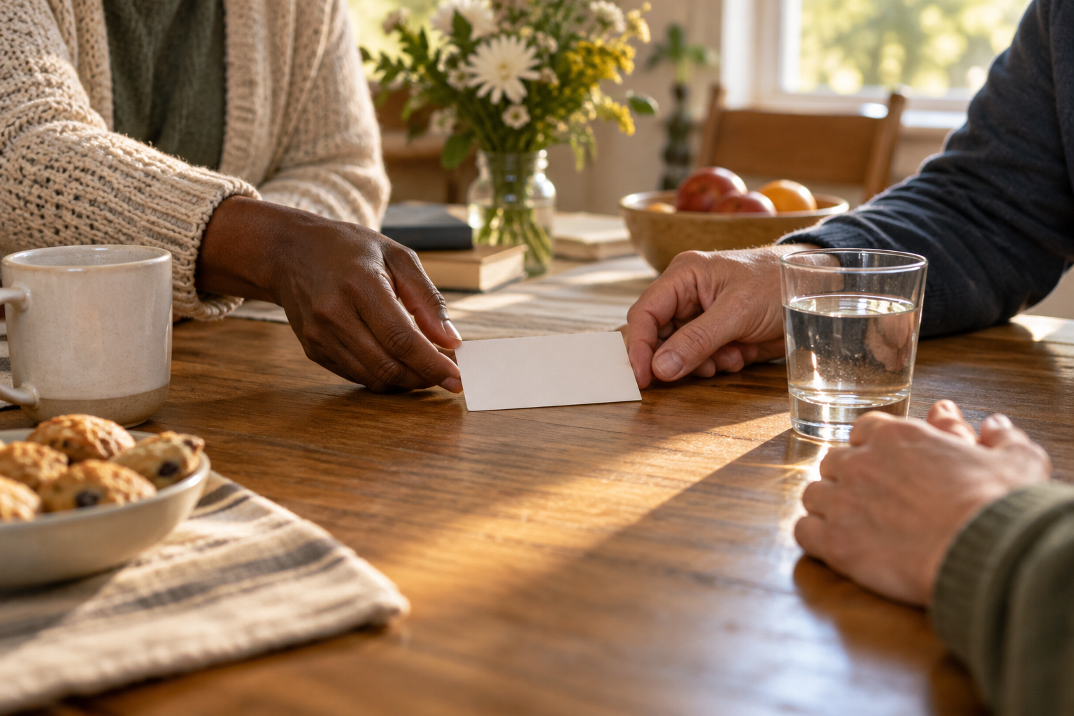 Illustrative photograph of a blank resource card offered across a quiet table; it does not show the Rome gathering, a patient, treatment or an actual parish.