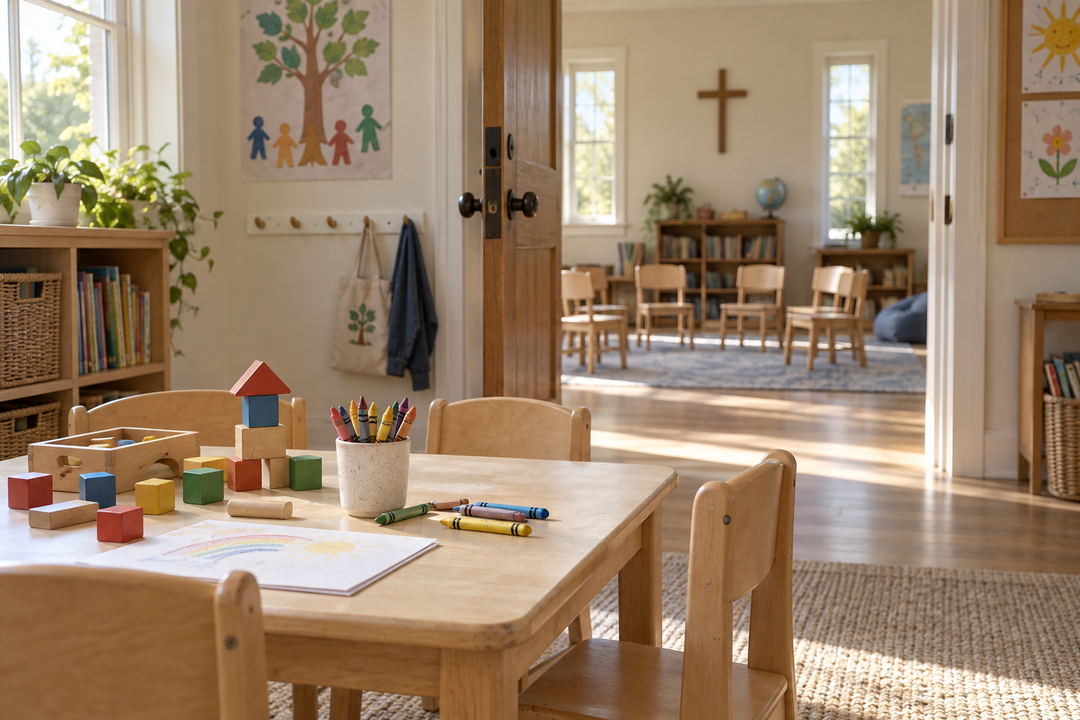 Wooden blocks and crayons rest on a small activity table beside an open doorway into an empty church classroom.