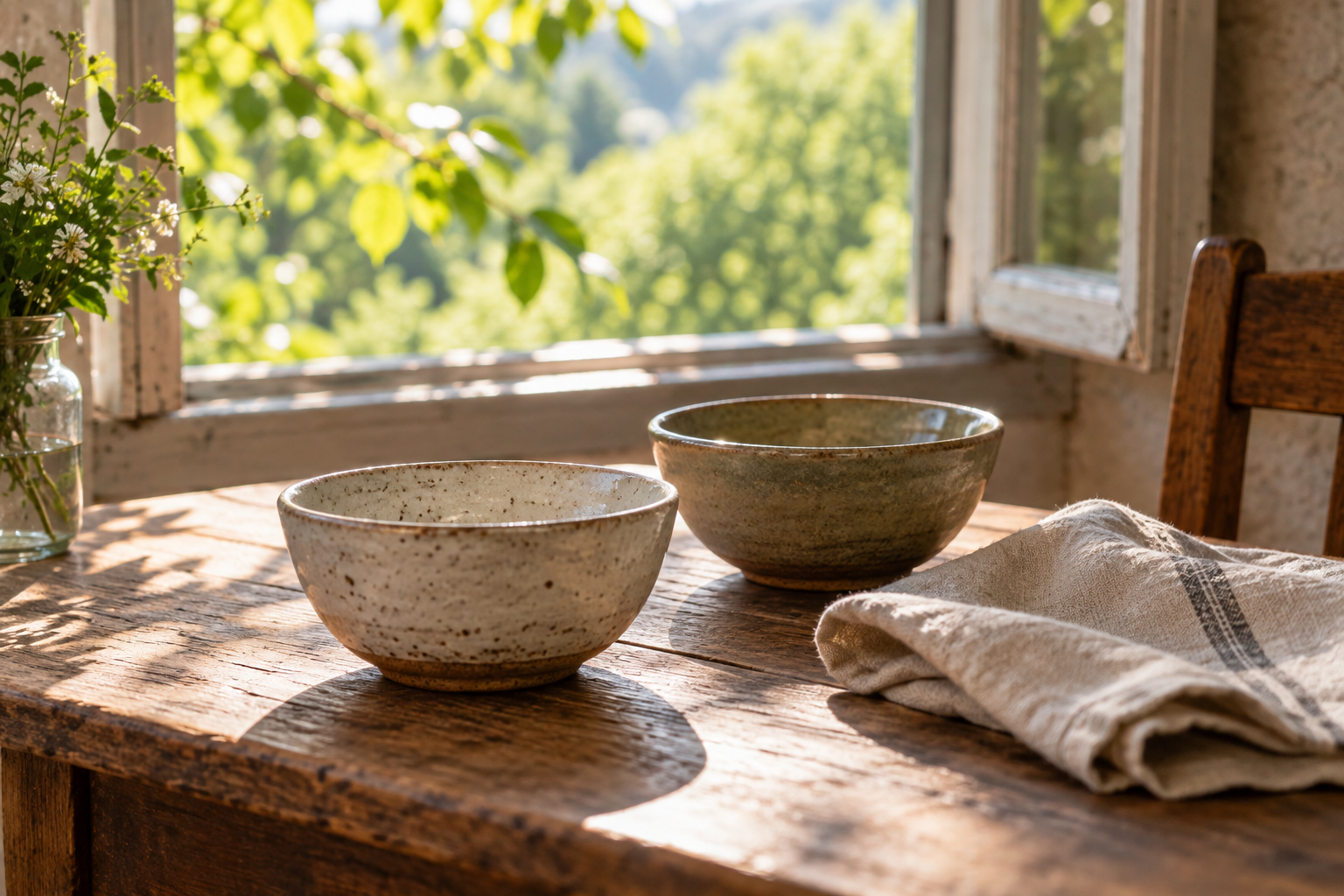 Two ceramic bowls and a linen napkin rest on a wooden table beside an open sunlit window.
