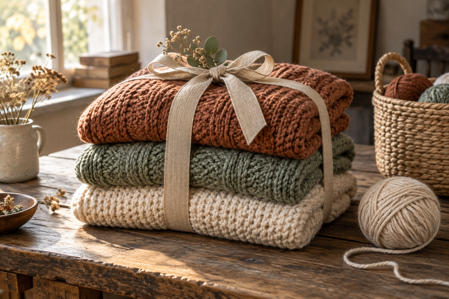 Folded terracotta, sage and cream knitted blankets sit beside a basket and wool on a wooden table.