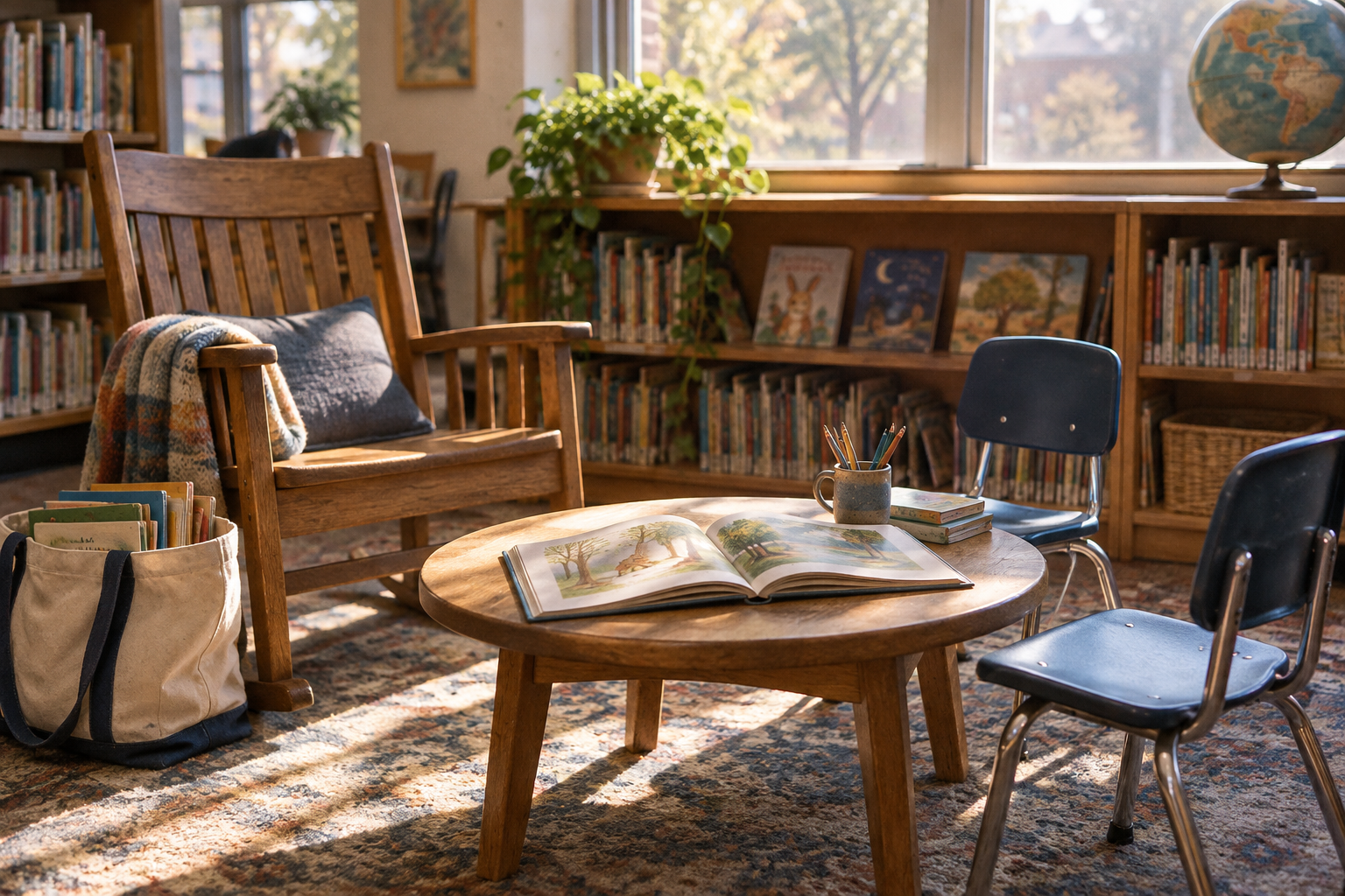 An open picture book rests on a low library table between a wooden armchair and two small chairs, with a book-filled tote nearby.