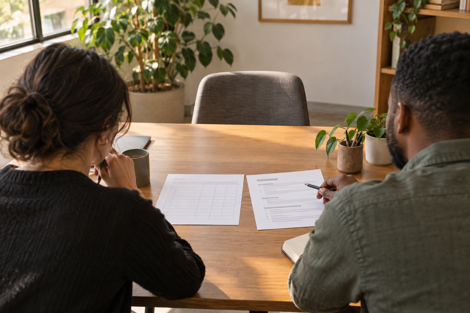Two adults review hiring papers across a table with an empty chair; an illustrative photograph, not the chamber's session or its participants.