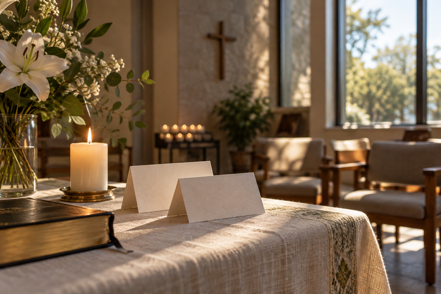 Illustrative photograph of blank cards and a candle in a quiet chapel; it does not show the pope, patients, or Gemelli Hospital.