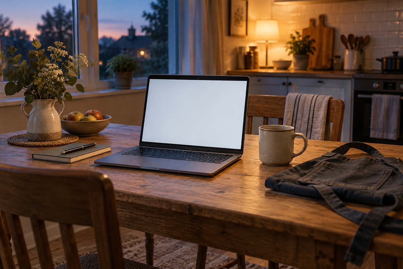 A laptop with a blank screen, a mug and a folded apron sit on a kitchen table at dusk.