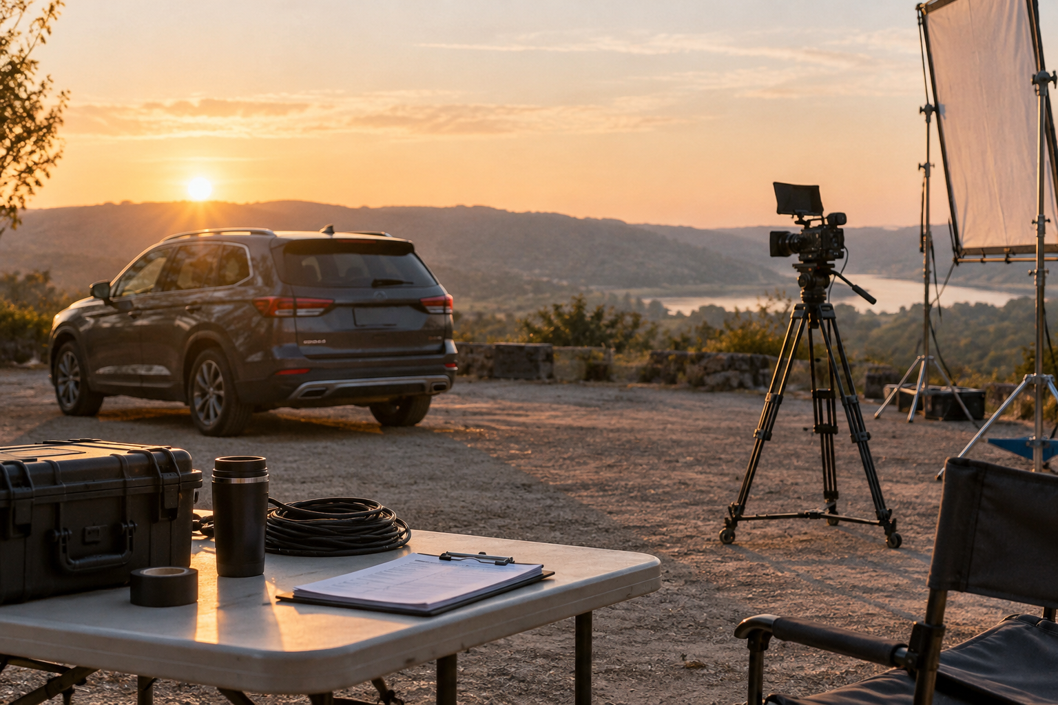 Illustrative photograph of an empty parked vehicle and camera equipment prepared on a film set; it does not show the Devon incident or its crew.