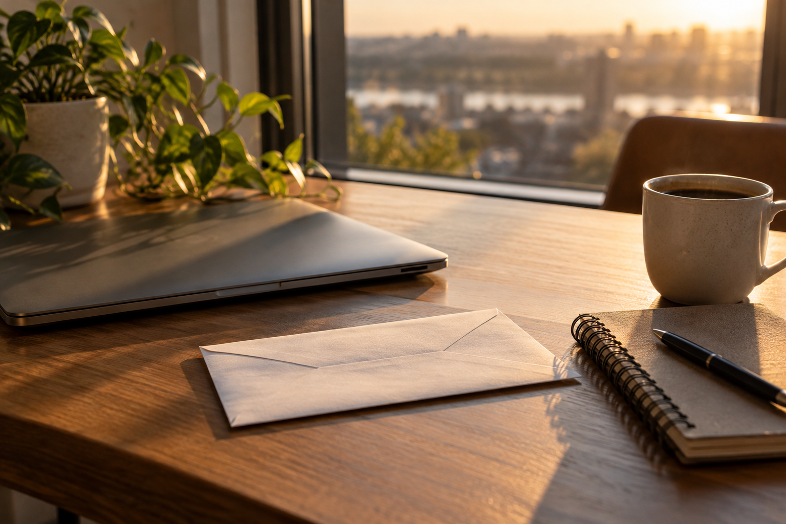 Illustrative photograph of a closed laptop, blank envelope, notebook and coffee on an office desk; it does not depict Microsoft or an actual offer letter.