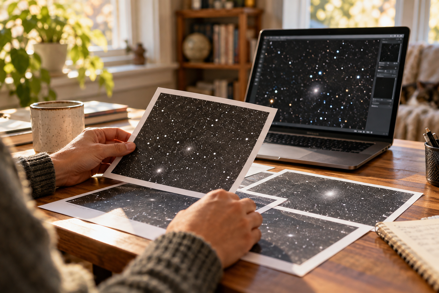 Illustrative photograph of anonymous hands comparing printed star fields beside a laptop at home; it does not depict a NASA project or a discovery.