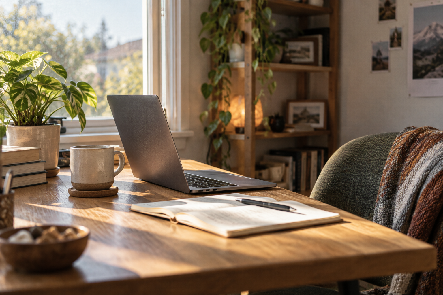 An open laptop and notebook sit with a pen and ceramic mug on a naturally lit home desk.